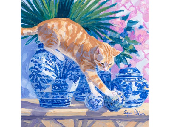 Grandmillennial art, A Risky Move, Whimsical Ginger Cat and chinoiserie vases  art