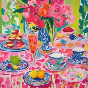 Puede incluir: Una pintura de un arreglo floral rosa y verde en un jarr&oacute;n azul y blanco sobre un mantel rosa y blanco. Hay cupcakes, tazas de t&eacute; y platillos en la mesa. Un p&aacute;jaro amarillo est&aacute; posado en el jarr&oacute;n.