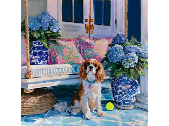 Cavalier Spaniel Art Print, Blue Hydrangea Southern Porch art, Southern Porch fog art, Grandmillennial Coastal art