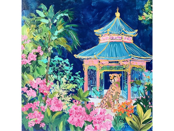 Grandmillennial Chinoiserie Art Print: Cheetah in Pagoda Garden