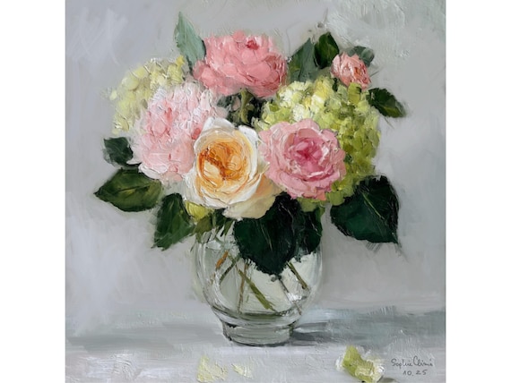 Grandmillennial art, Pink roses and hydrangeas on soft grey, still life, Sophie Clima Art