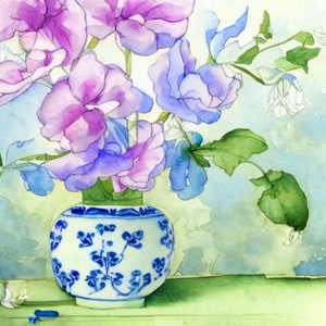 Watercolor chinoiserie print, sweet peas in chinoiserie jars grandmillennial style  print