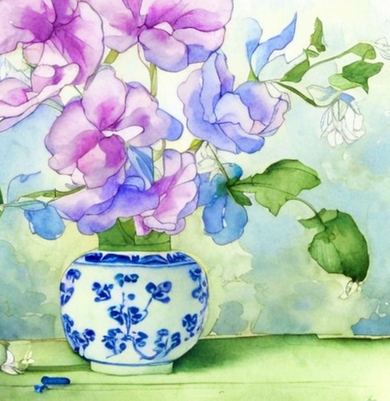 Watercolor Sweet Pea Print: Chinoiserie Jar, Grandmillennial Art