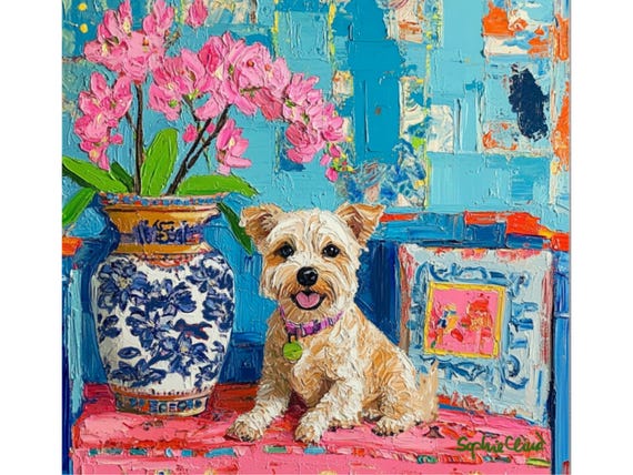Grandmillennial art, Terrier and pink orchids, whimsical painting