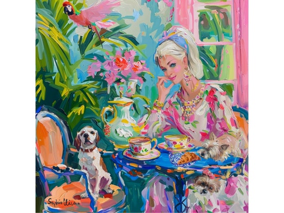 Grandmillennial art, Coffee and Croissant, Palm Beach girly art