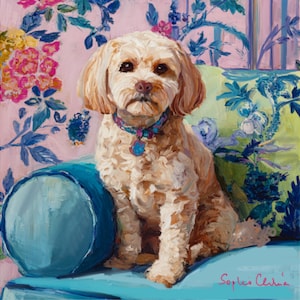 May include: A painting of a cream-colored dog with a blue collar and pendant, sitting on a blue cushion. The background features floral patterns in pink, blue, and yellow. The artist's signature is in the bottom right corner.