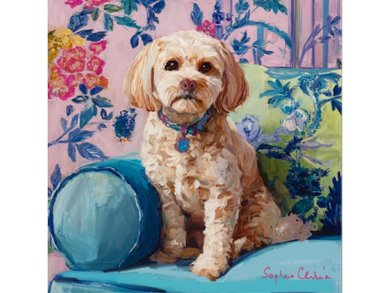 Grandmillennial art Cavapoo Dog in preppy chinoiserie interior