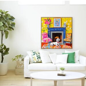 Original watercolor and ink sketch, Lurcher dog in yellow chinoiserie interior, 40x40cm bild 9