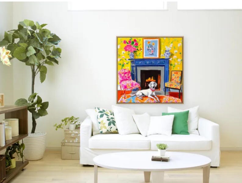 Original watercolor and ink sketch, Lurcher dog in yellow chinoiserie interior, 40x40cm bild 9