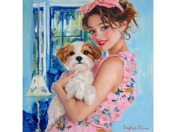 Grandmillennial art, Girl with a Terrier, whimsical fine art