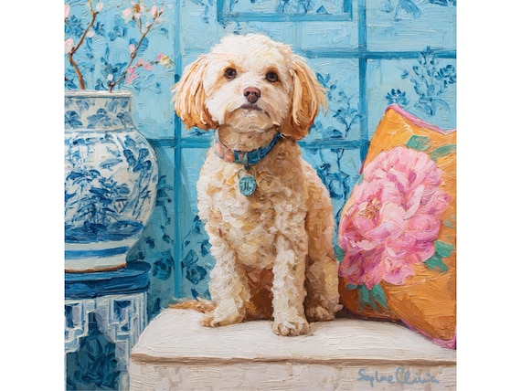 Grandmillennial art, Preppy Multipoo dog in blue chinoiserie interior, whimsical coastal art