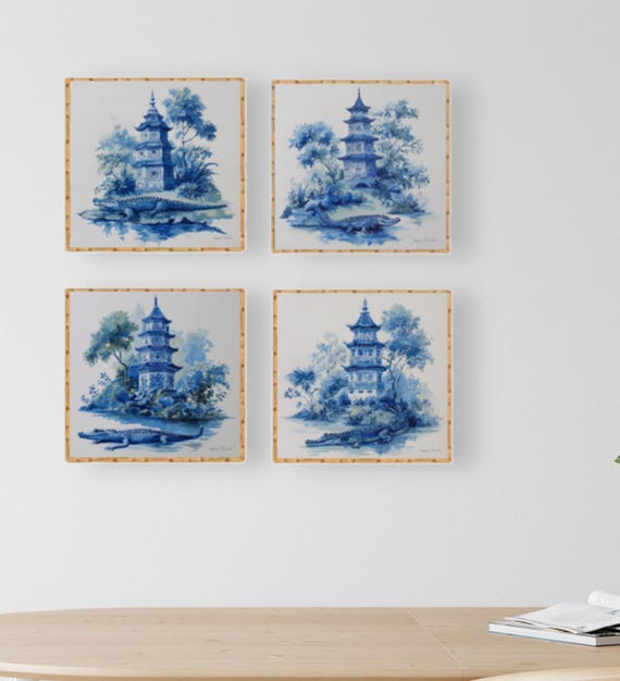 Gators in blue and white chinoiserie gardens,  Watercolor giclee Prints - Set of 4