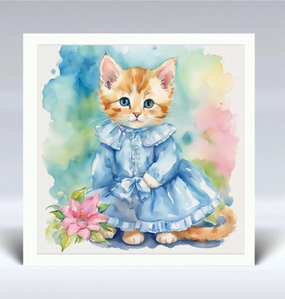 Kitten in Blue Dress: Watercolor Art Print (25x25cm)