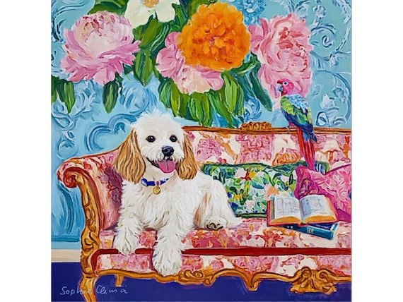 Grandmillennial art, Terrier and red parrot on orange sofa, whimsical animals art