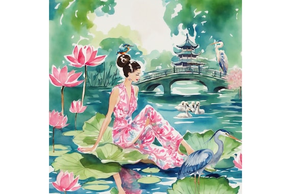 Grandmillennial art, A Bird Whisperer, preppy wall art chinoiserie
