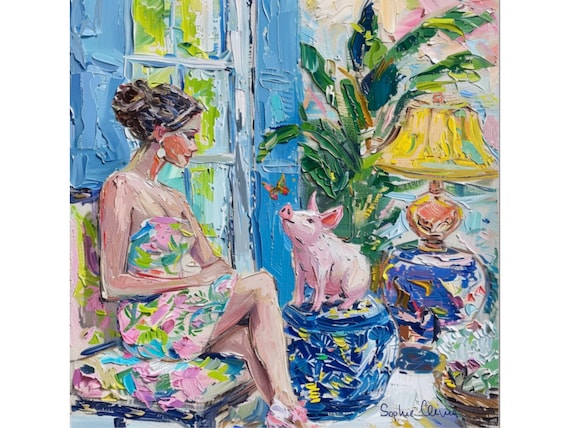 Grandmillennial art, Piglet and a butterfly preppy whimsical painting