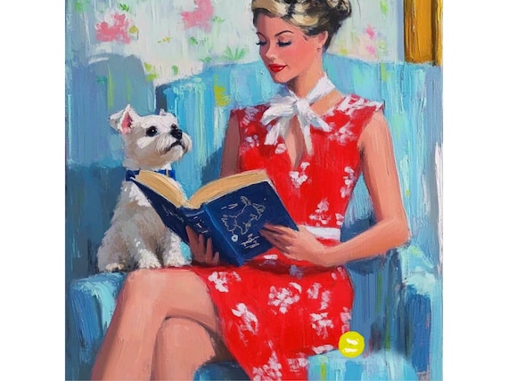 Grandmillennial art, Westie Mum, whimsical fine art