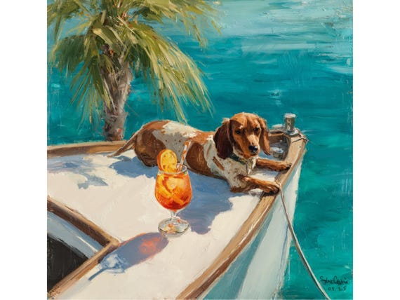 Sailing Dachshund Art Print: Coastal Preppy Grandmillennial Decor