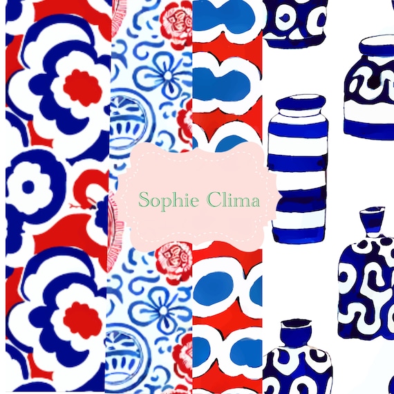 Retro Grandmillennial Seamless Pattern Bundle: Blue, White, Red (Commercial License)