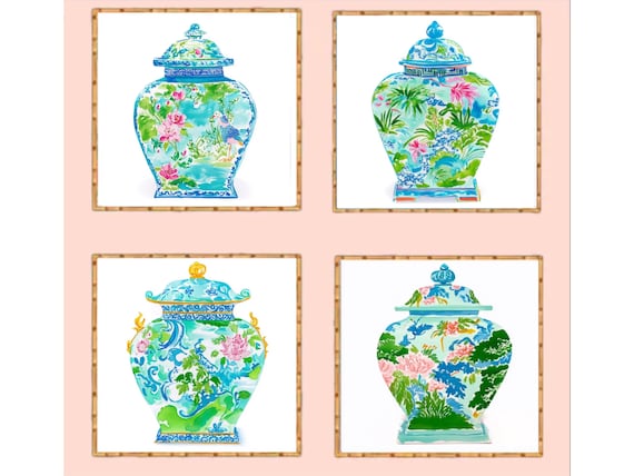 Chinoiserie Ginger Jar Art Prints: Pink, Green & Turquoise Set