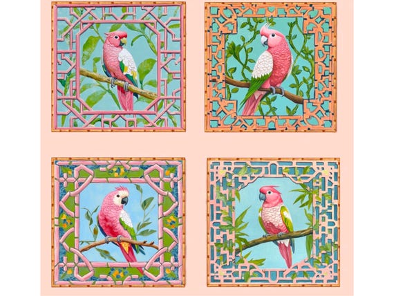 Cockatoo Parrot Watercolor Prints: Chinoiserie Gallery Wall Art, Set of 4
