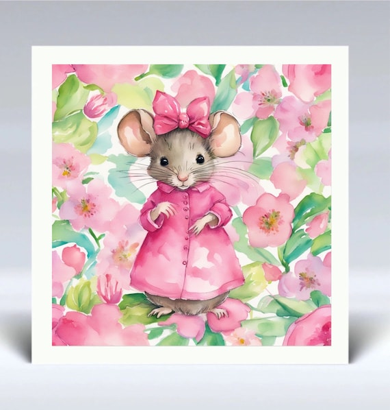 Baby Mouse Watercolor Art Print: Pink Dress Nursery Decor