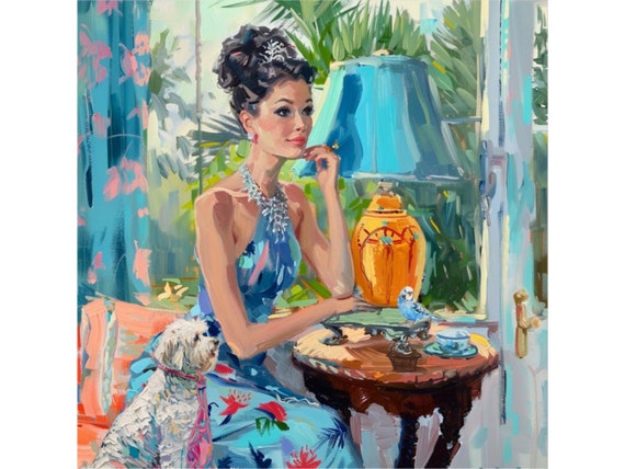 Grandmillennial art, Girl with a Blue Budgie, whimsical fine art