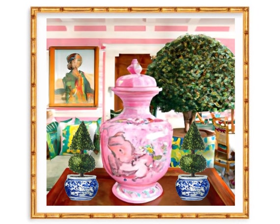 Ginger jar painting, preppy interior with topiary and pink chinoiserie jar watercolor