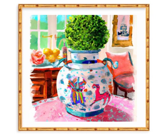 Preppy pink interior with topiary in modern chinoiserie jar watercolor