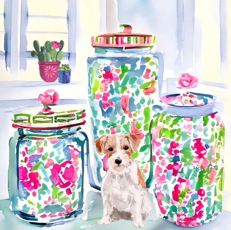 Grandmillennial Art, Instant Download Jack Russell Among Chinoiserie