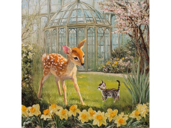 Grandmillennial art, Playday In Botanical Garden, whimsical deer art