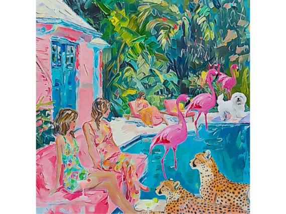 Palm Beach Pool Party Art Print: Flamingo & Cheetah Grandmillennial Giclée