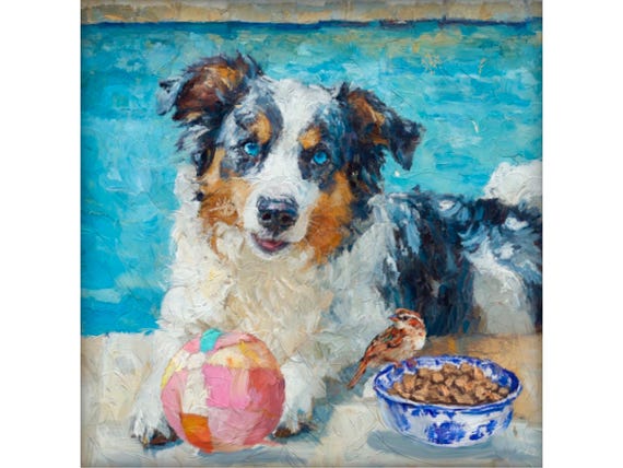 Grandmillennial art, The Vacation Mode, whimsical Australian Shepherd art