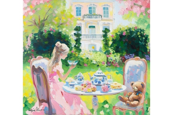 Grandmillennial art, Teddy Bear Picnic, preppy painting, whimsical garden painting