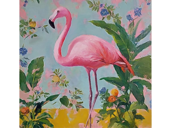 Grandmillennial art, Portrait of Pink Flamingo, oil painting