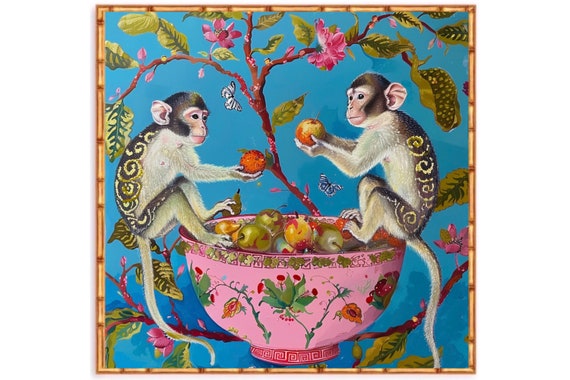 Grandmillennial art, Monkeys playing with fruits chinoiserie art print