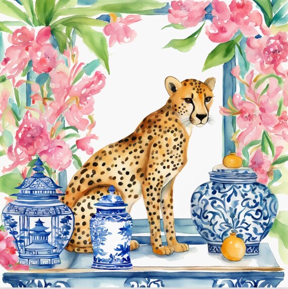 Preppy chinoiserie cheetah with blue and white ginger jars, whimsical watercolor