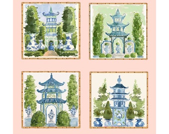 Chinoiserie Pagoda Watercolor Art Prints - Set of 4