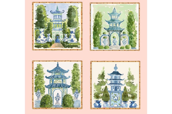Chinoiserie Pagoda Watercolor Art Prints - Set of 4