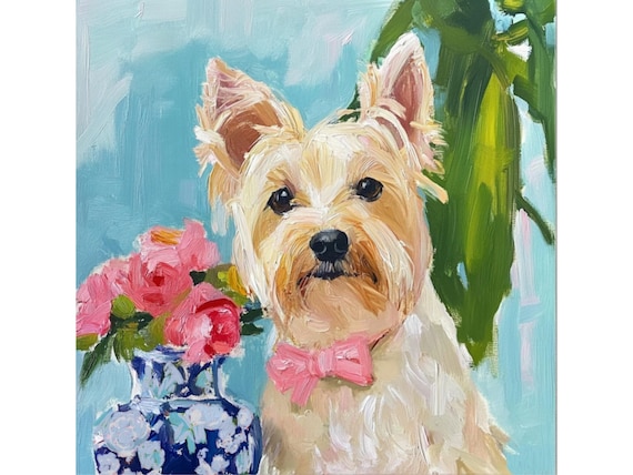 Grandmillennial art, Terrier in pink bow, whimsical fine art