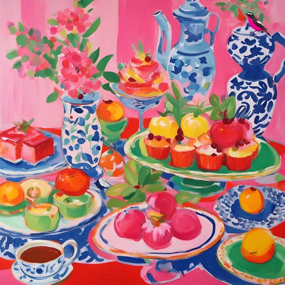 Grandmillennial art, Preppy English tea and cakes, whimsical watercolor