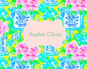 Instant download Preppy roses in chinoiserie jars on yellow, watercolor seamless pattern