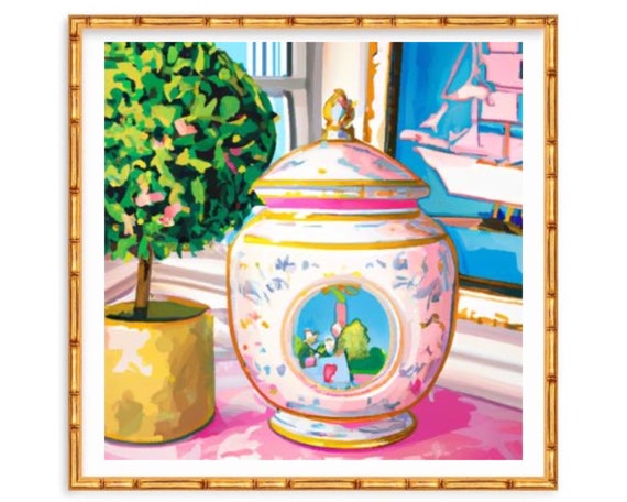 Ginger jar painting, grandmillennial art, preppy Interior with topiary and pink chinoiserie jar watercolor