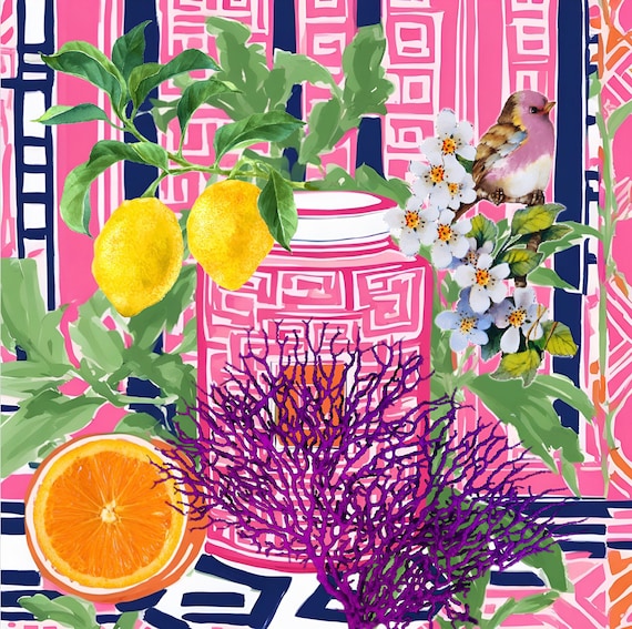 Chinoiserie Art Print: Pink Jar, Lemons, Bird, Coral - Grandmillennial Decor