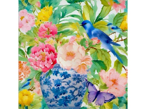 Grandmillennial art, Preppy budgie and peonies in chinoiserie jar, watercolor painting