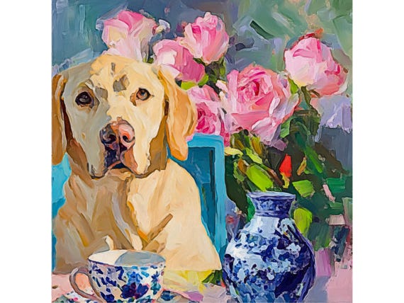 Grandmillennial art, Tea in rose garden, whimsical Labrador art