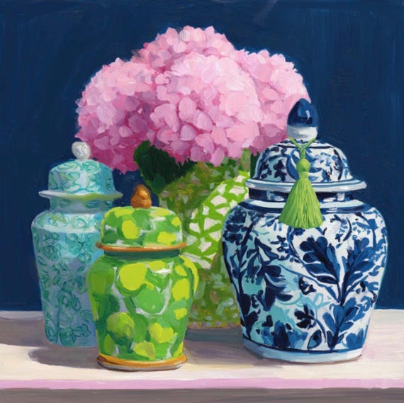 Grandmillennial Hydrangea Ginger Jars Art Print, Coastal Chinoiserie Decor
