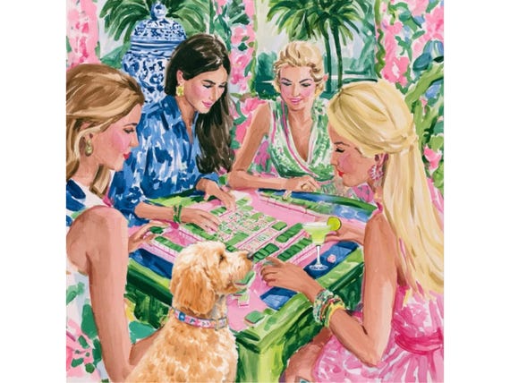 Mahjong Party, whimsical fine art, ladies playing mahjong print