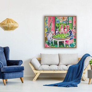 May include: A painting of four dogs sitting around a table playing cards. The dogs are wearing clothes and are in a brightly colored room. The painting is framed in a wooden frame.