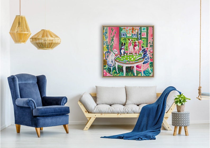 May include: A painting of four dogs sitting around a table playing cards. The dogs are wearing clothes and are in a brightly colored room. The painting is framed in a wooden frame.